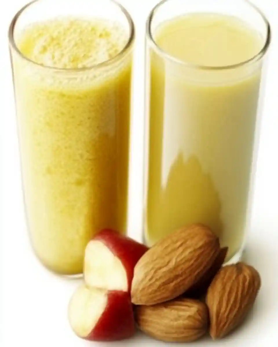 Two glasses of creamy almond apple smoothie with whole almonds and apple slices

