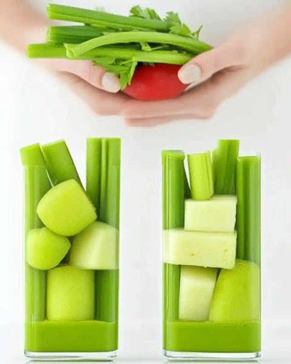 Two glasses filled with celery stalks and green apple chunks in green juice
