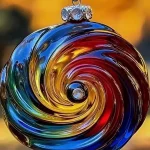 Colorful glass ornament with swirling red, blue, green, and yellow patterns.