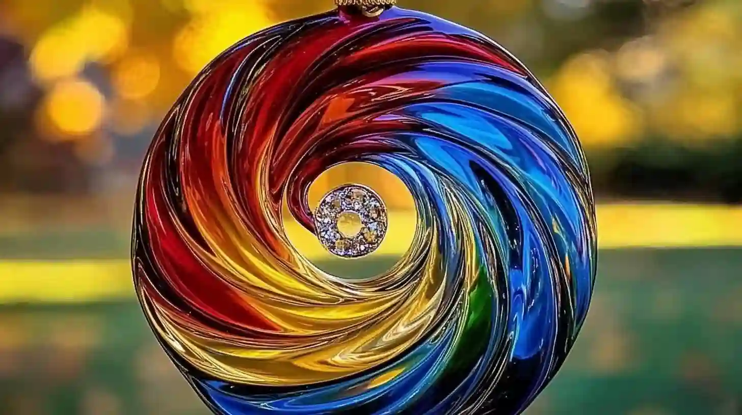 Colorful glass ornament with swirling patterns in red, blue, green, and yellow, featuring a sparkling gem in the center.
