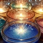 Glittering colorful candles in glass jars with sparkling flames creating a magical glow.