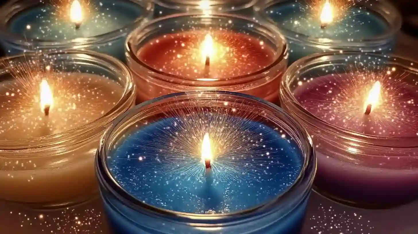 Glittering candles in glass jars emitting a warm glow with radiant spark effects.