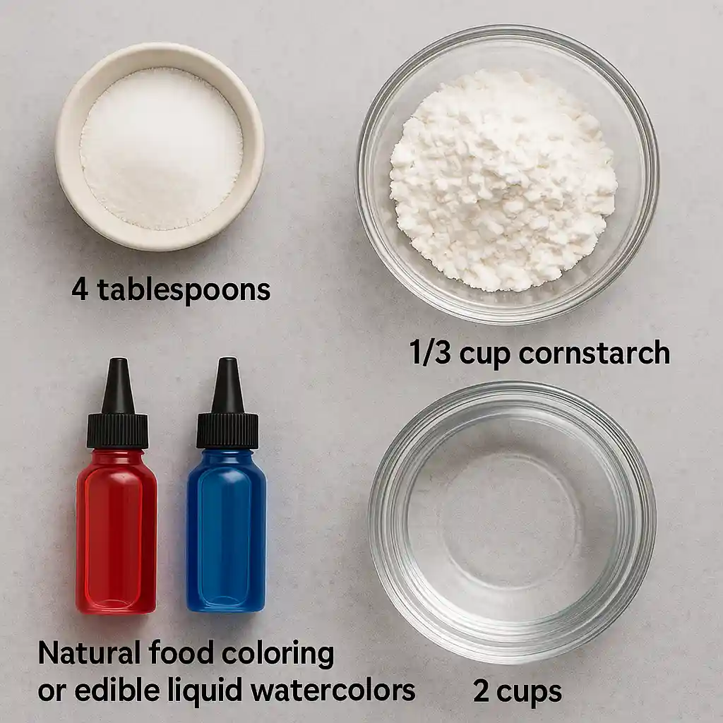 Ingredients for making safe DIY paint using sugar, cornstarch, water, and food coloring