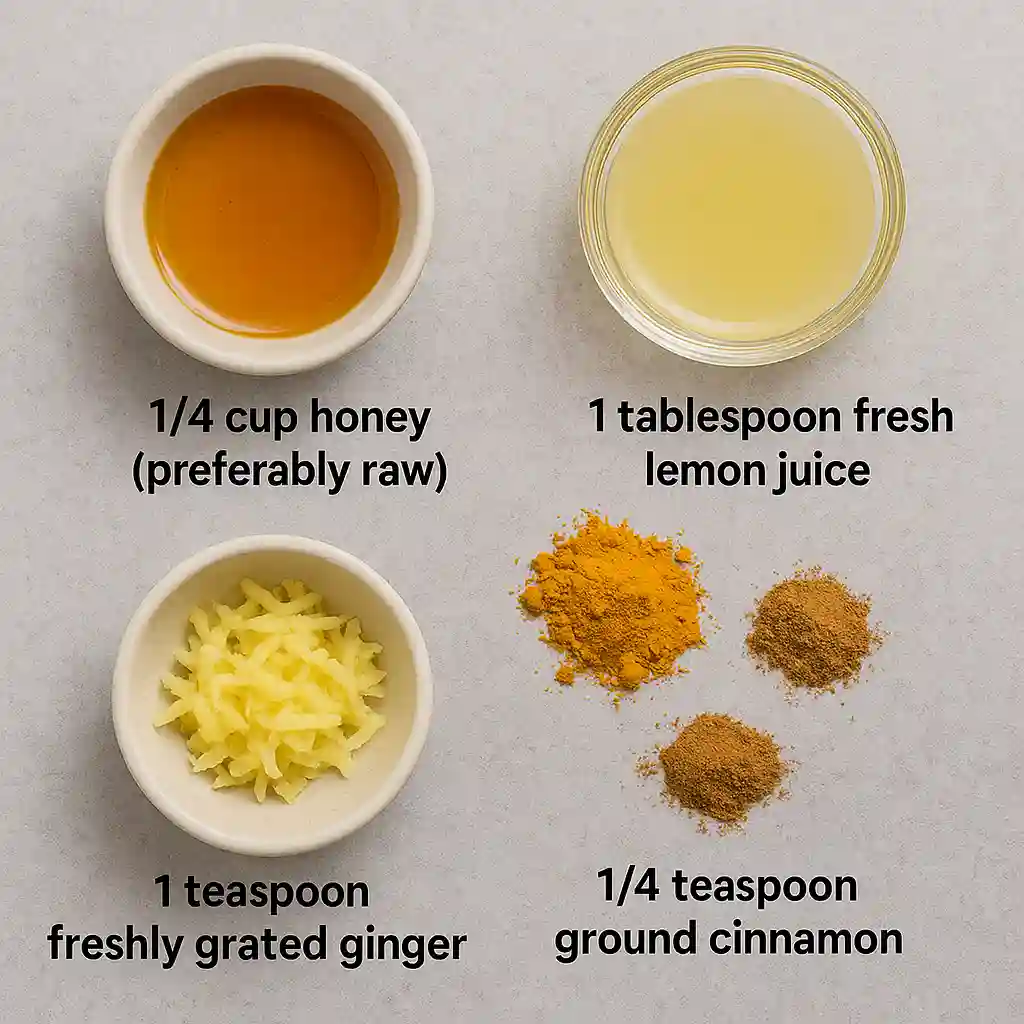 Bowls with honey, lemon juice, grated ginger, turmeric, and cinnamon on a gray background