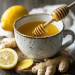 Hot lemon ginger honey tea in ceramic mug with fresh lemon slices and ginger root