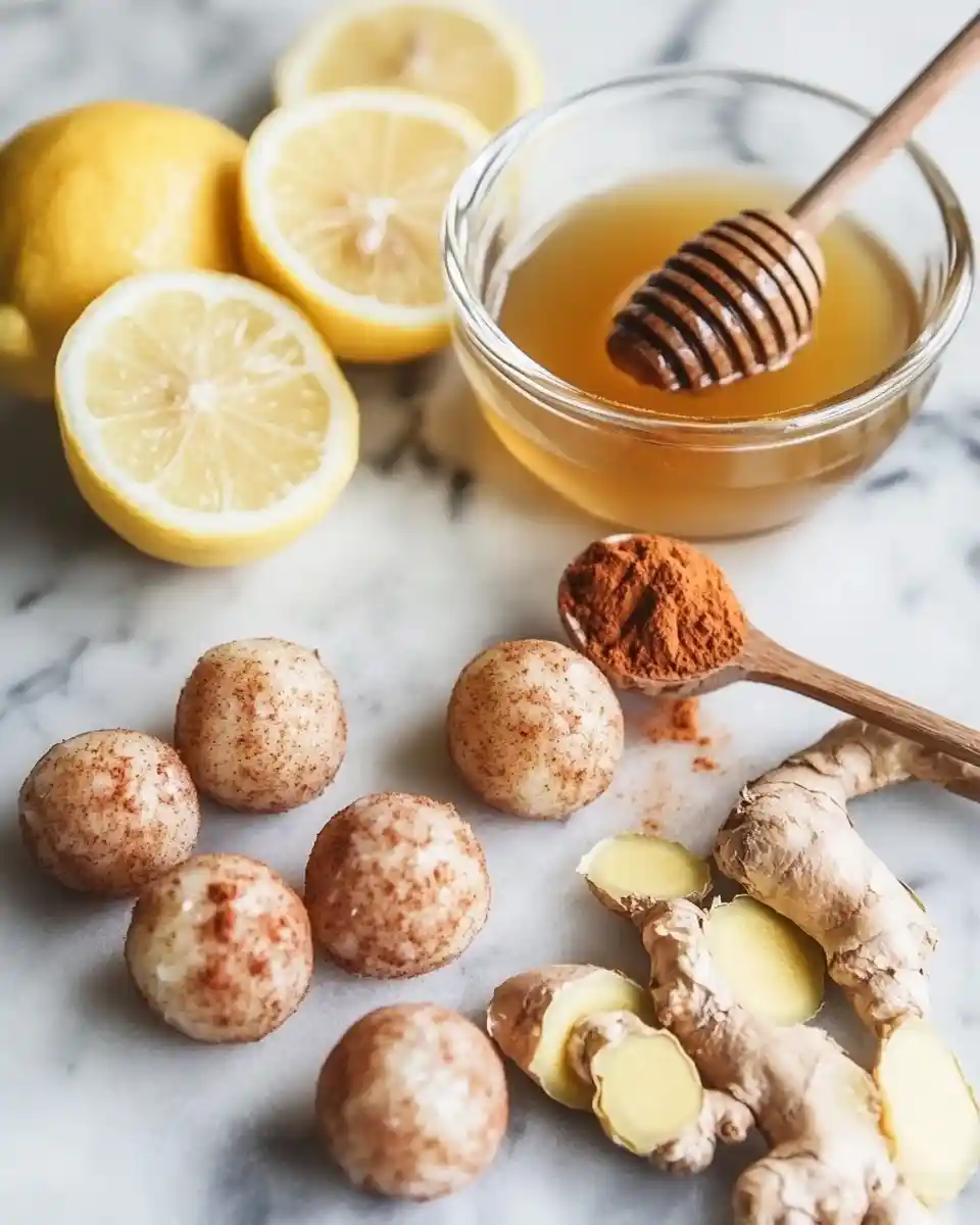Bowl of honey, sliced lemon, fresh ginger, cinnamon, and herbal energy bites on marble surface