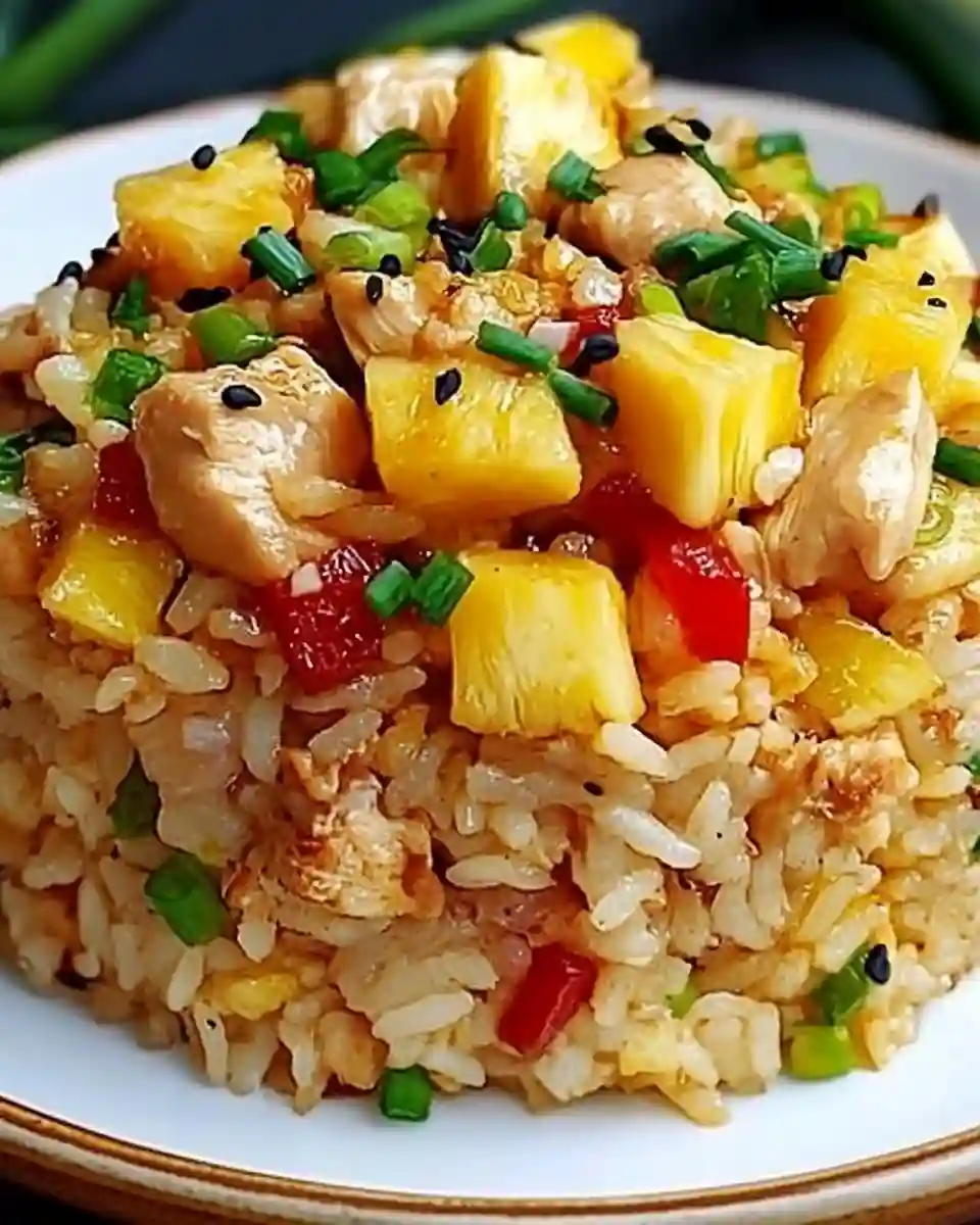 Pineapple fried rice with chicken, red bell peppers, scallions, and sesame seeds served on a white plate