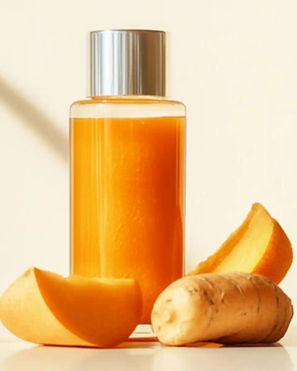  A bottle of orange homemade toner with turmeric root and ginger slices beside it