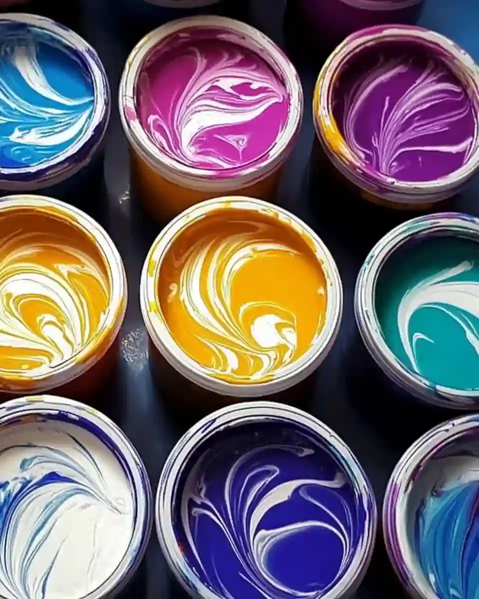 Open paint cans filled with swirling vibrant colors like purple, yellow, and teal

