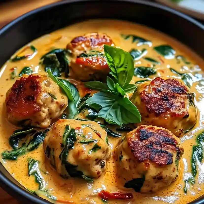 Creamy Thai Chicken Meatballs in Coconut Curry with Spinach and Sun-Dried Tomatoes.